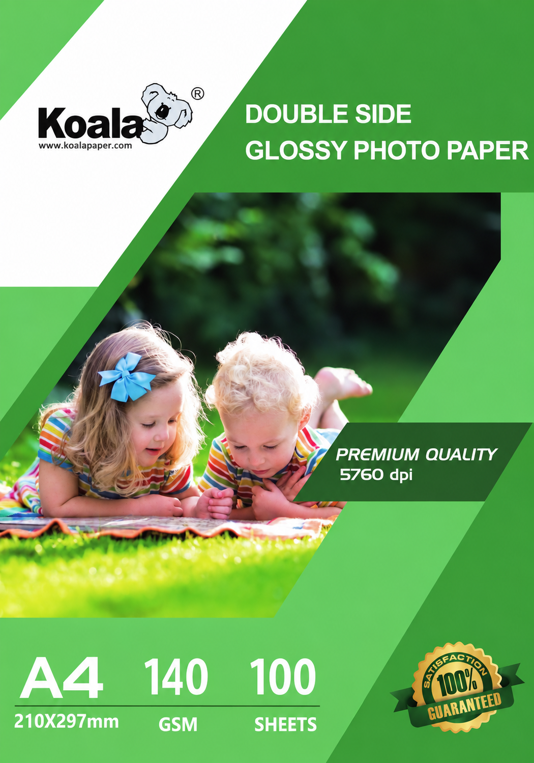Koala brand double side glossy photo paper packaging, A4 size, 140 GSM, 100 sheets. The packaging features a bright green and white design with a sample photo of two children lying on a blanket on grass.