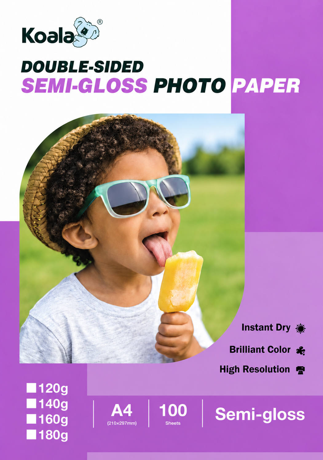 Koala brand double-sided semi-gloss 120gsm 140gsm photo paper packaging in purple and white, featuring a child wearing sunglasses and holding an ice cream cone on the front.