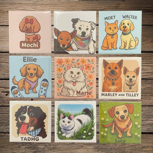 Collection of cards with cartoon dogs and cats on a wooden surface