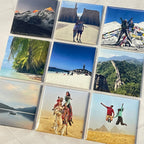 Custom personalised square photo magnets of travel adventures around the world