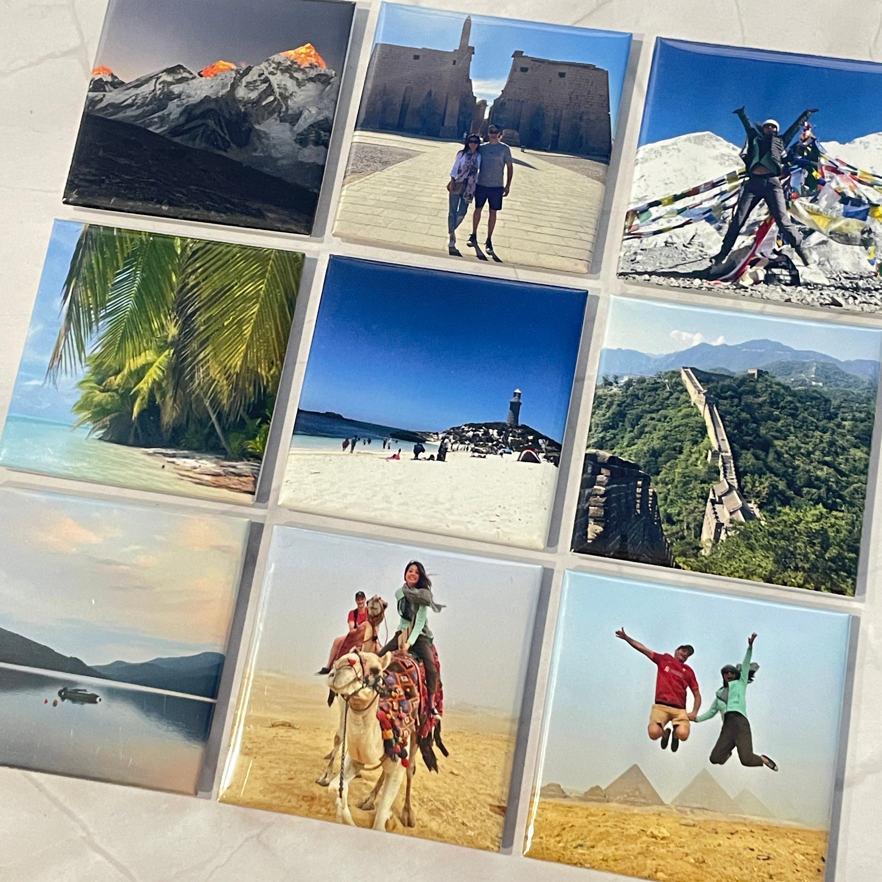 Custom personalised square photo magnets of travel adventures around the world