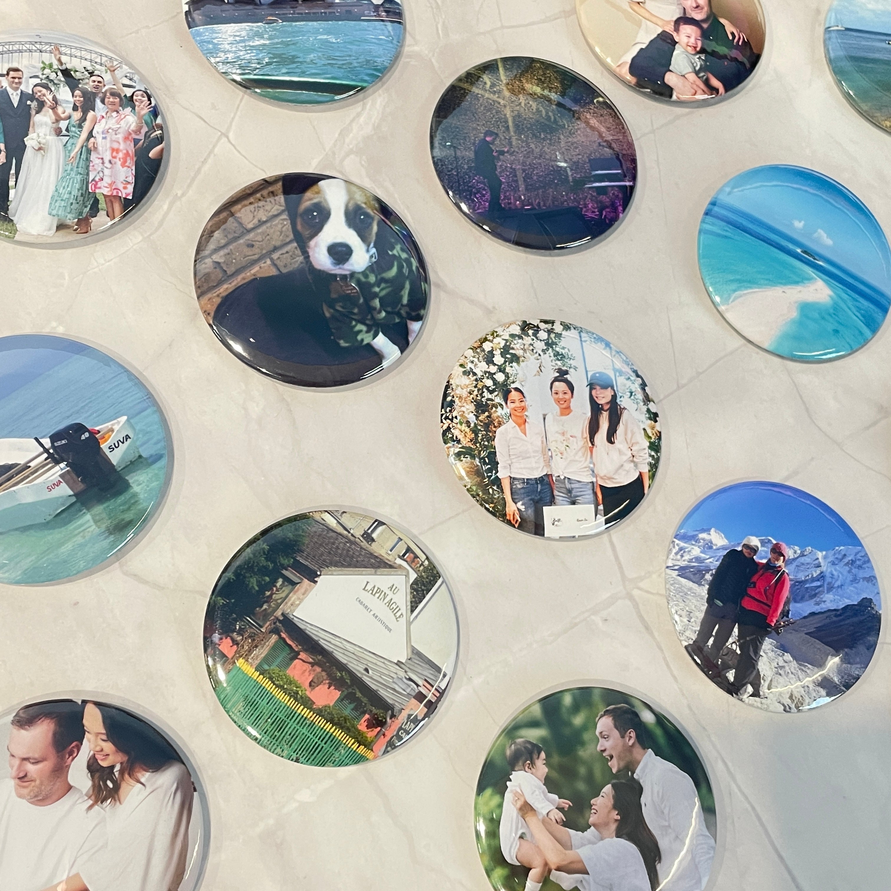 Custom round photo magnets of family, wedding, travel, and everyday moments